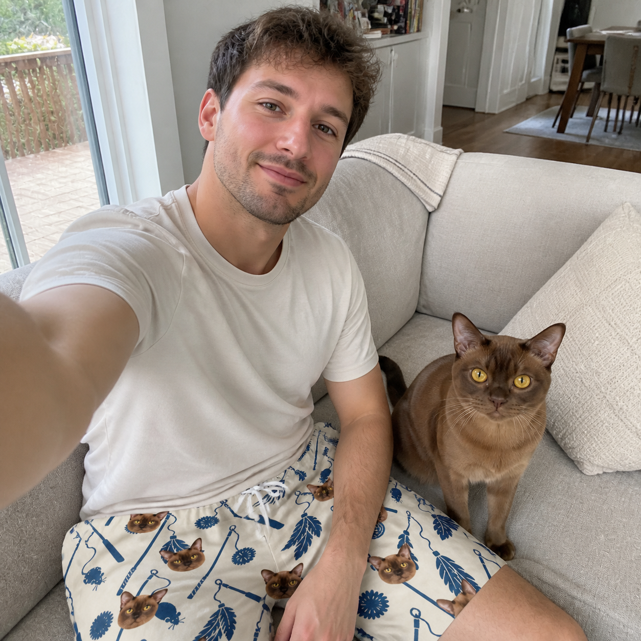 Selfie with the pet whose face is printed all over this Men's Catnip Kinetics Custom Cat Face Beach Shorts