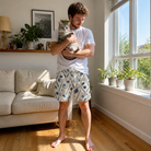 Full-length photo with the pet printed all over this Men's Catnip Kinetics Custom Cat Face Beach Shorts