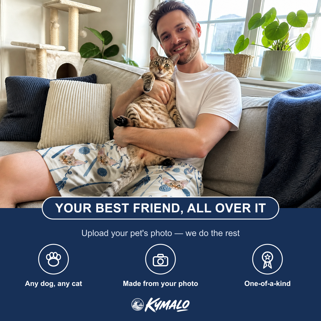 Friends in matching Men's Catnip Kinetics Custom Cat Face Beach Shorts — a group gift photo