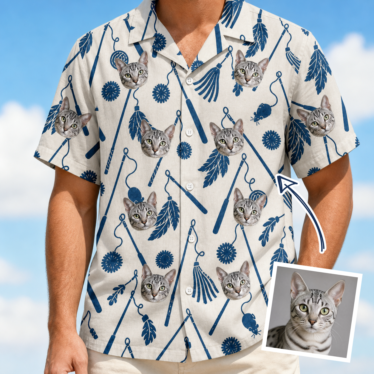 Man wearing Men's Catnip Kinetics Custom Cat Face Hawaiian Shirt — custom faces printed all-over