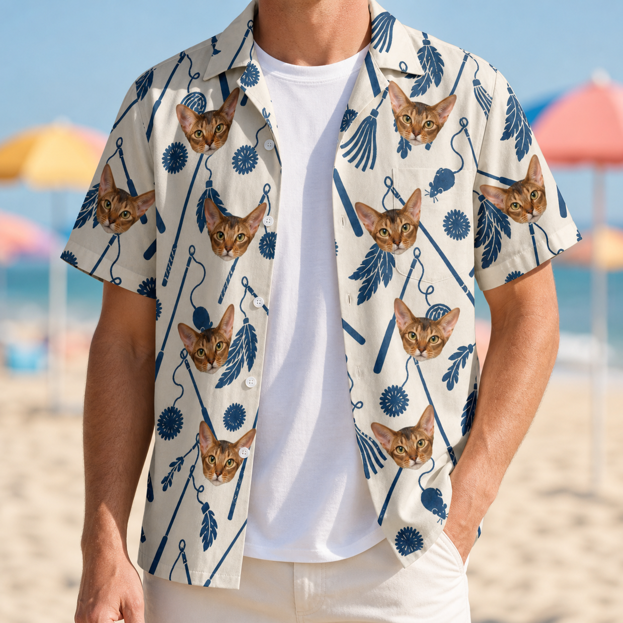 Man wearing Men's Catnip Kinetics Custom Cat Face Hawaiian Shirt open over a white tee