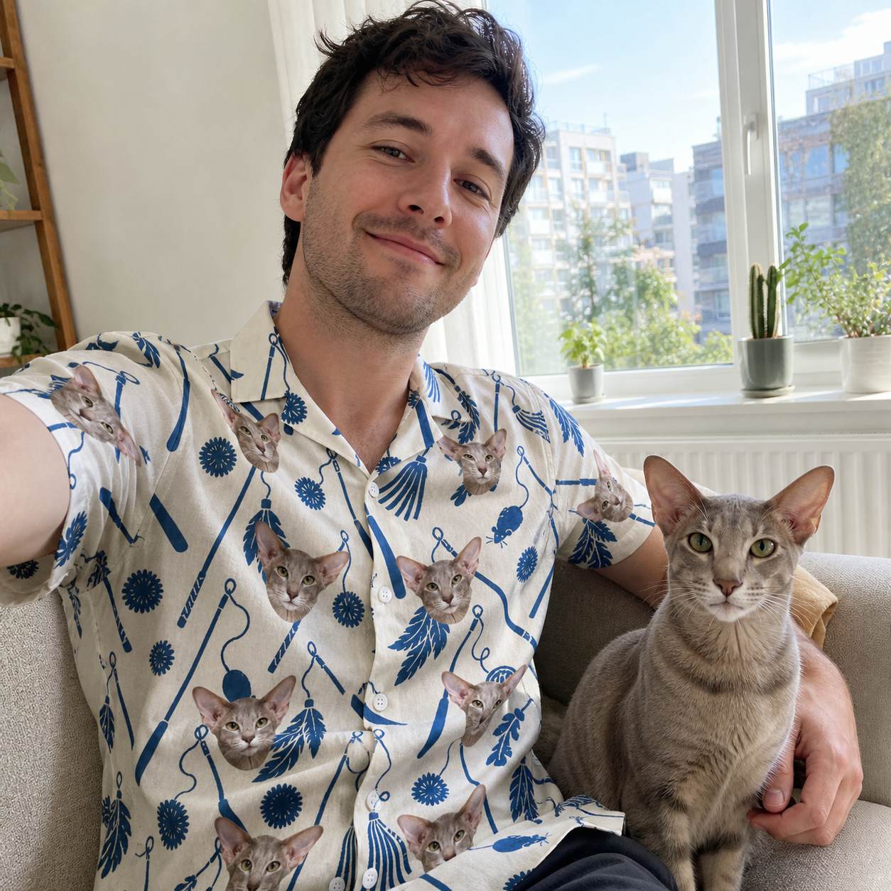 Selfie with the pet whose face is printed all over this Men's Catnip Kinetics Custom Cat Face Hawaiian Shirt