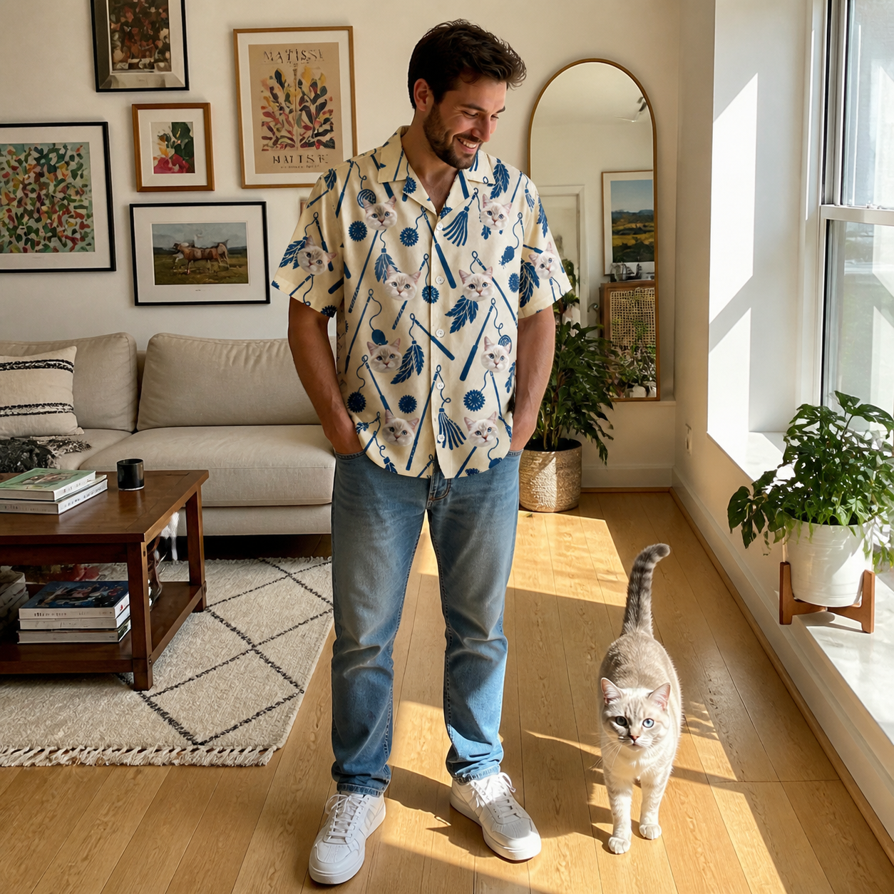 Full-length photo with the pet printed all over this Men's Catnip Kinetics Custom Cat Face Hawaiian Shirt