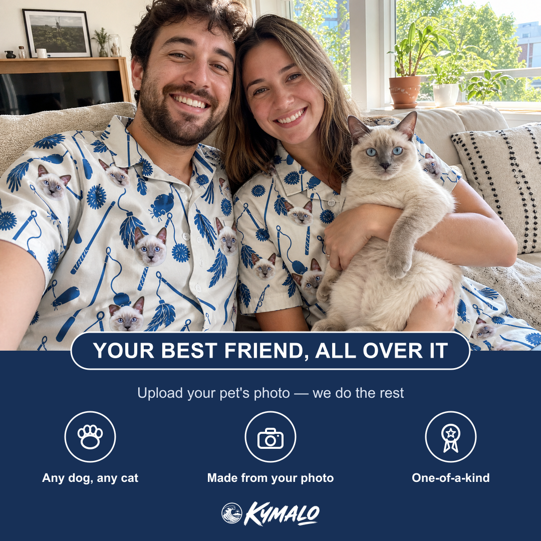 Friends in matching Men's Catnip Kinetics Custom Cat Face Hawaiian Shirt — a group gift photo