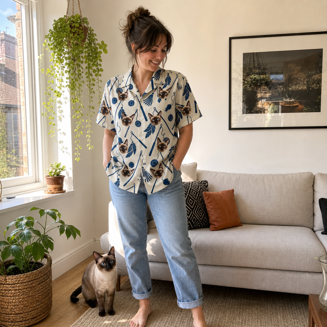 Full-length photo with the pet printed all over this Women's Catnip Kinetics Custom Cat Face Hawaiian Shirt