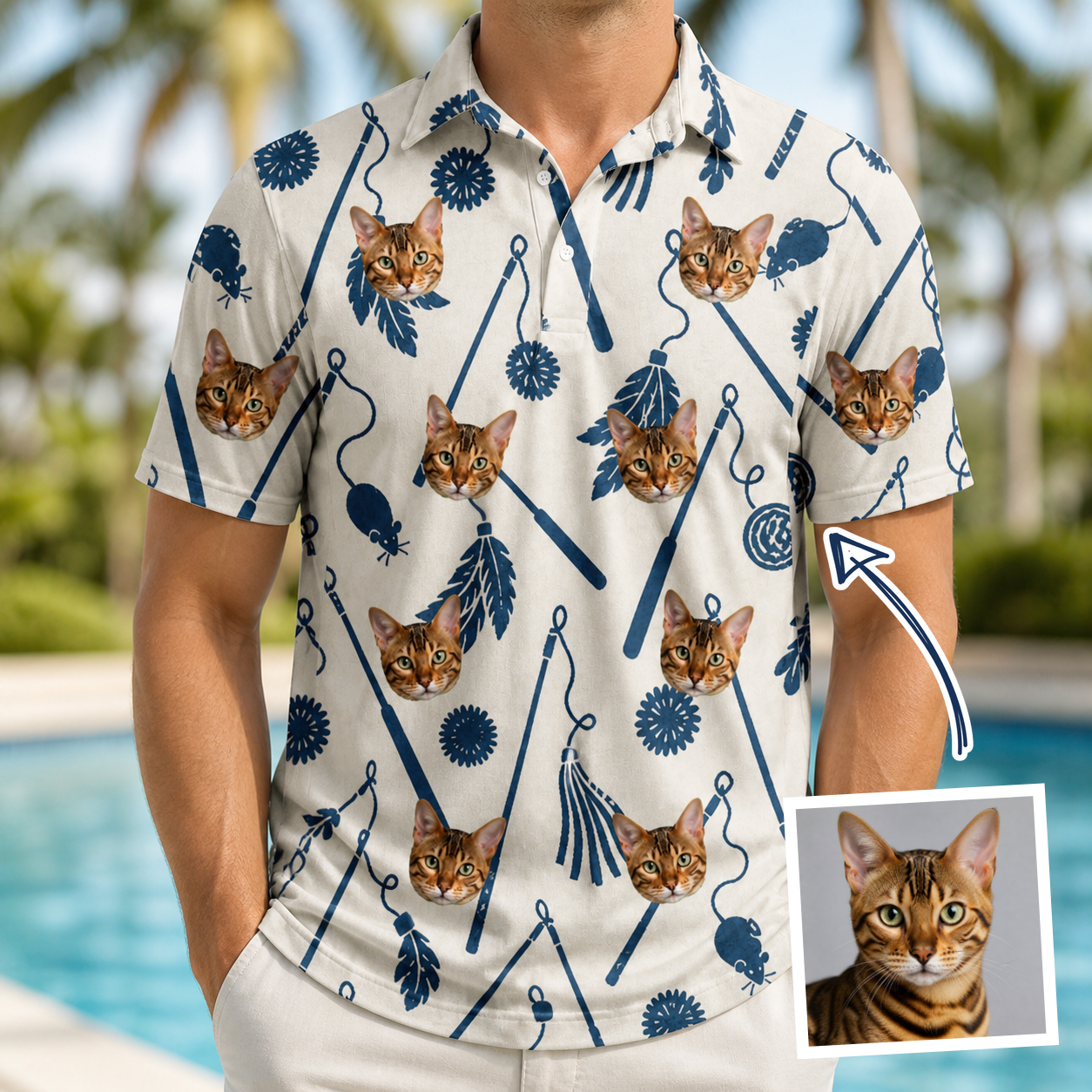 Man wearing Men's Catnip Kinetics Custom Cat Face Polo Shirt — custom faces printed all-over