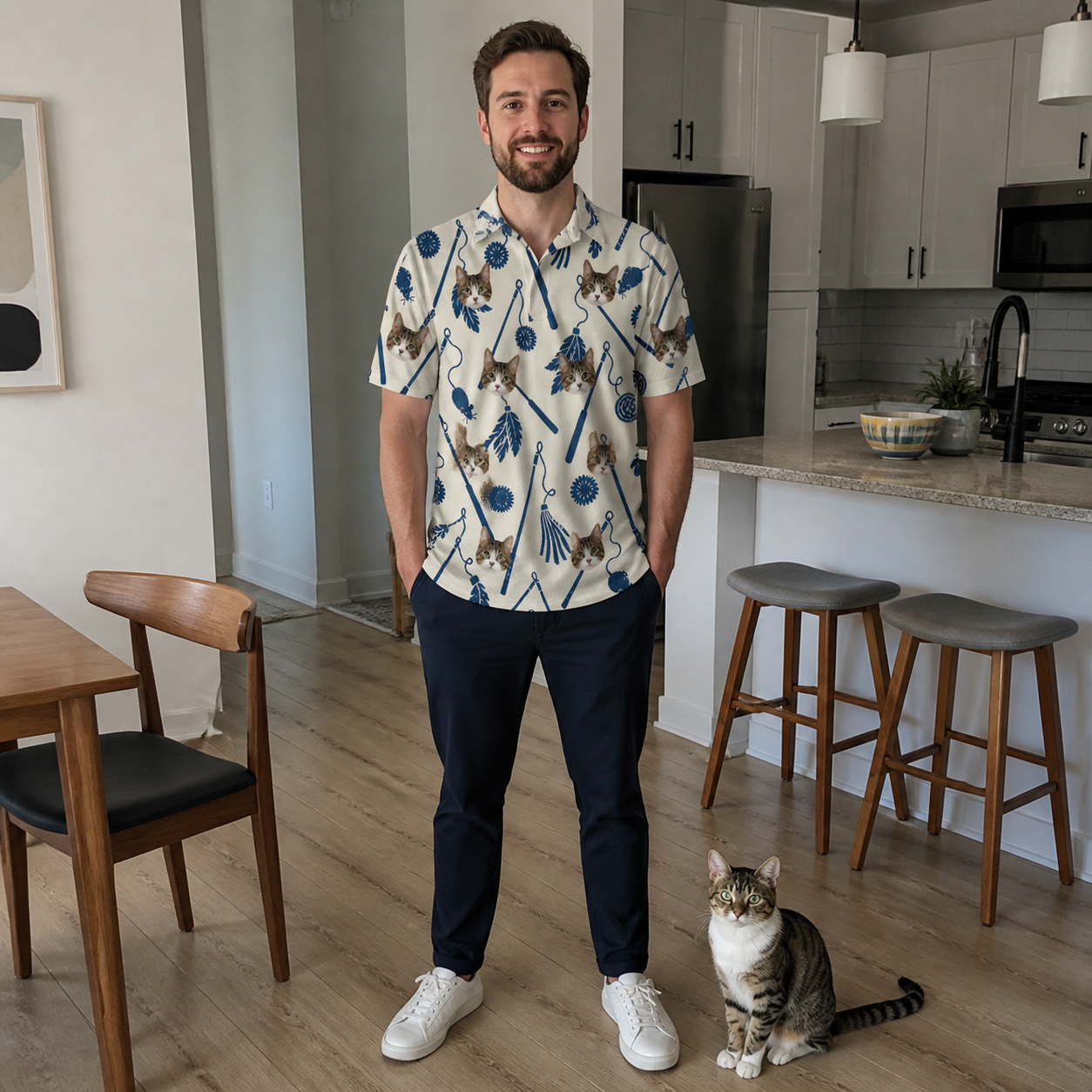 Full-length photo with the pet printed all over this Men's Catnip Kinetics Custom Cat Face Polo Shirt