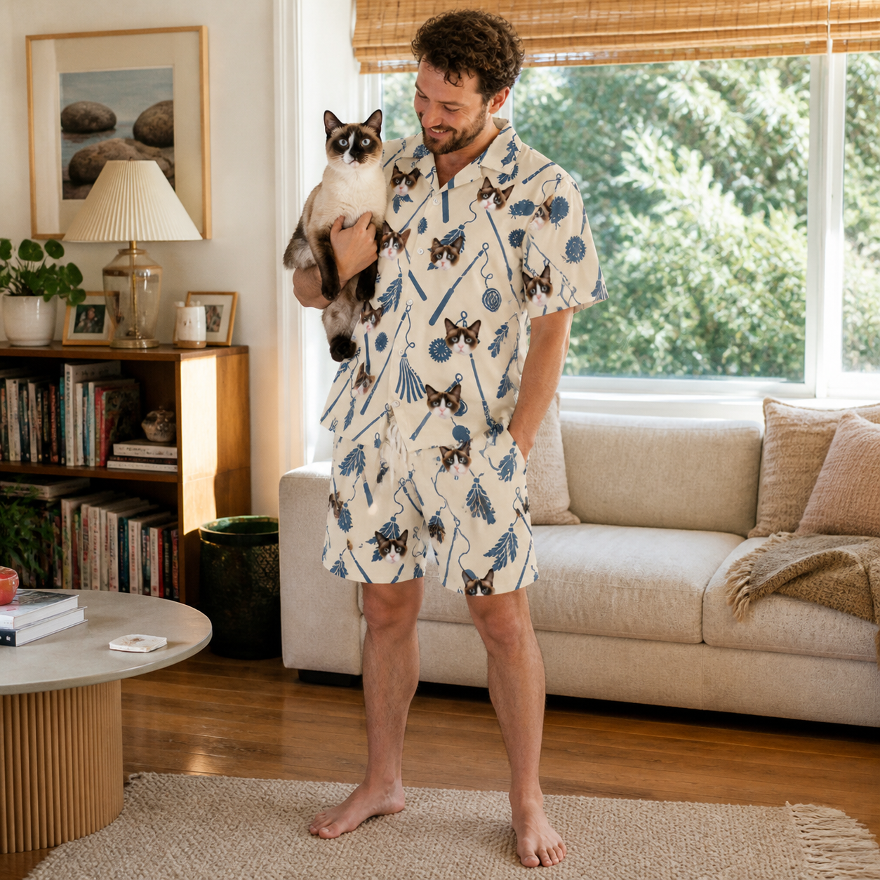 Full-length photo with the pet printed all over this Men's Catnip Kinetics Custom Cat Face Shirt & Shorts Set