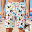 Man wearing Men's Meow Marrow Custom Cat Face Beach Shorts — custom faces printed all-over