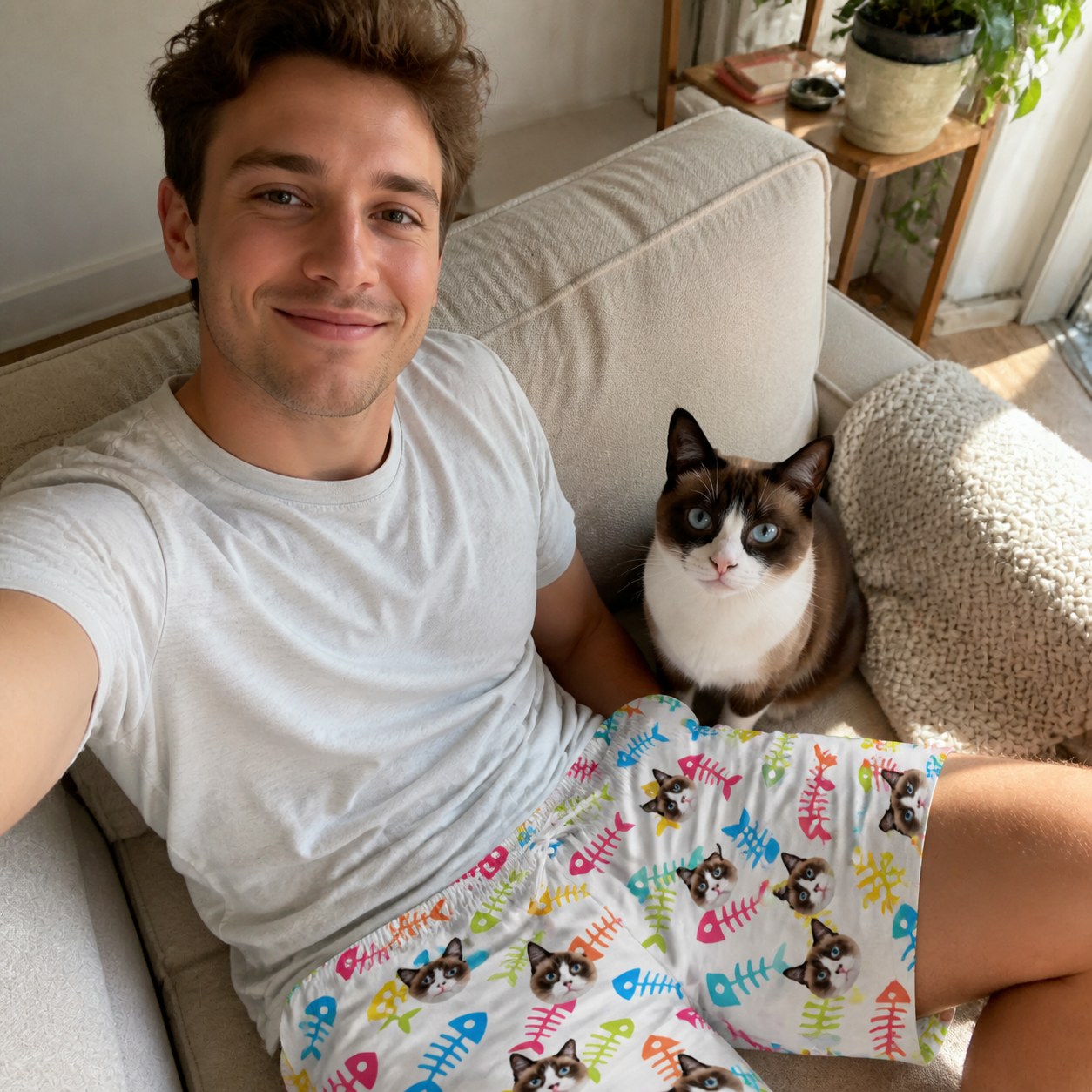 Selfie with the pet whose face is printed all over this Men's Meow Marrow Custom Cat Face Beach Shorts
