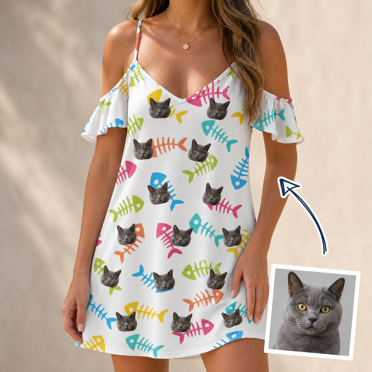 Woman wearing Women's Meow Marrow Custom Cat Face Off-Shoulder Dress — custom faces printed all-over