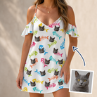 Woman wearing Women's Meow Marrow Custom Cat Face Off-Shoulder Dress — custom faces printed all-over