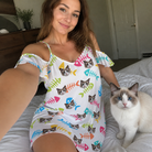 Selfie with the pet whose face is printed all over this Women's Meow Marrow Custom Cat Face Off-Shoulder Dress