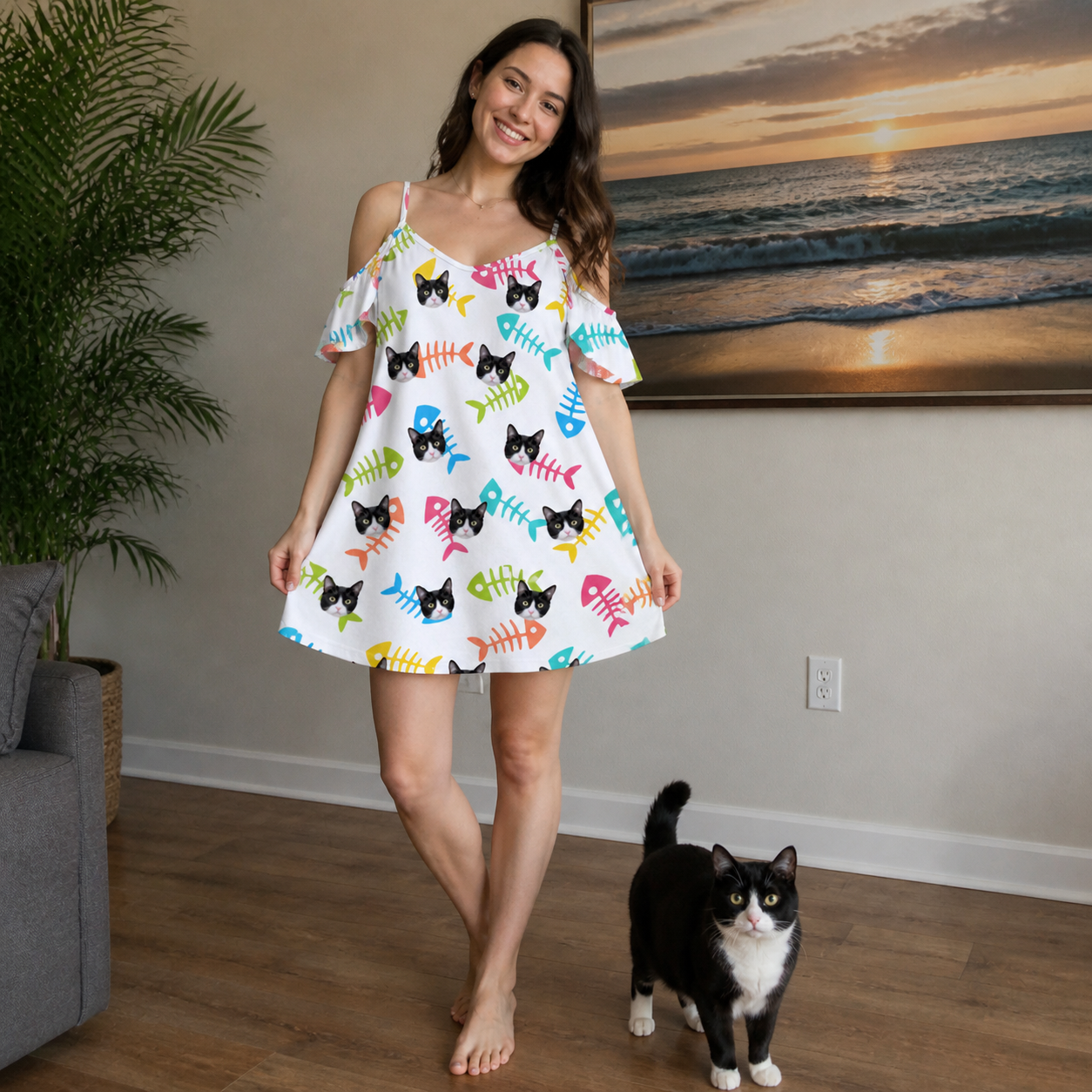 Full-length photo with the pet printed all over this Women's Meow Marrow Custom Cat Face Off-Shoulder Dress