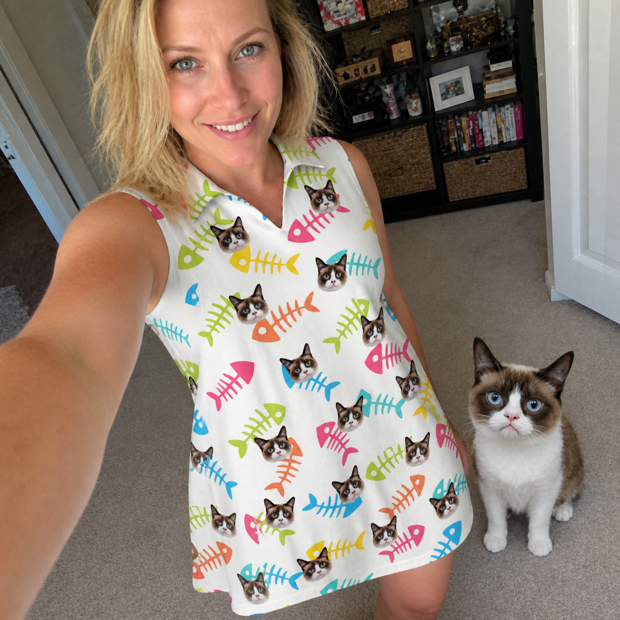 Selfie with the pet whose face is printed all over this Women's Meow Marrow Custom Cat Face V-Neck Dress
