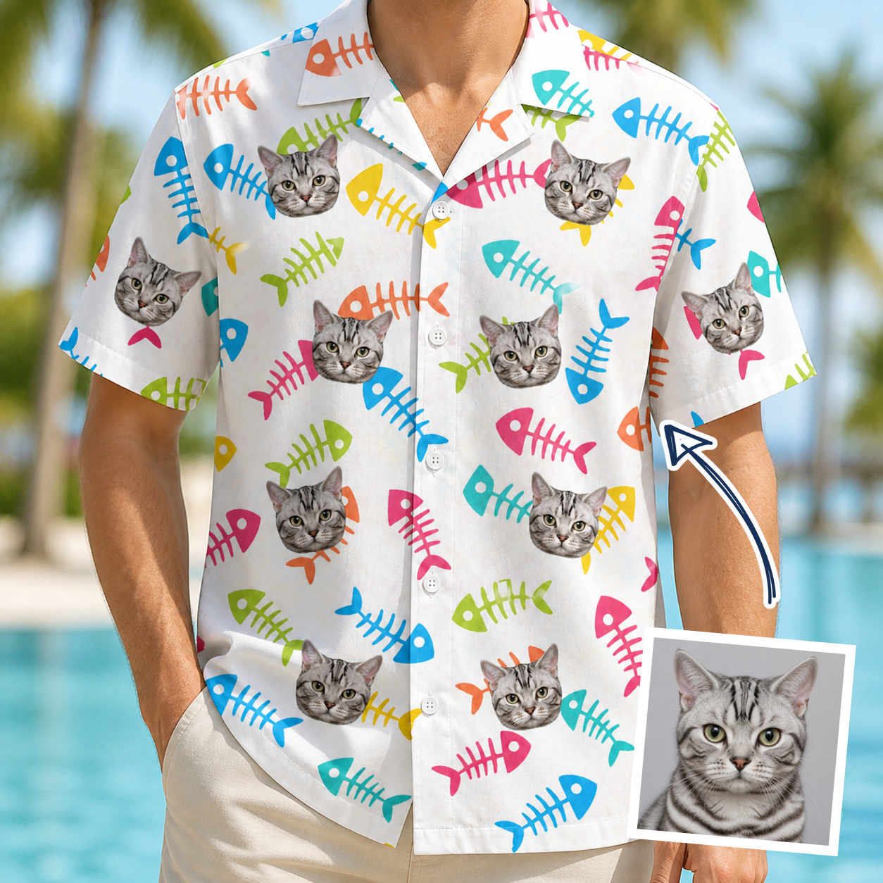 Man wearing Men's Meow Marrow Custom Cat Face Hawaiian Shirt — custom faces printed all-over