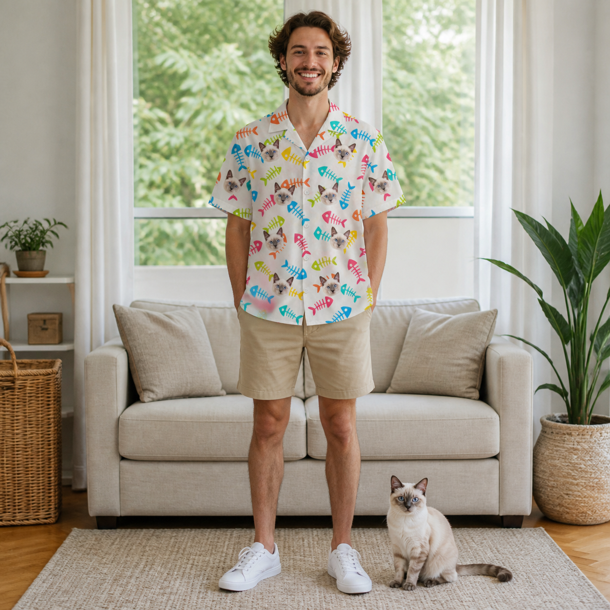 Full-length photo with the pet printed all over this Men's Meow Marrow Custom Cat Face Hawaiian Shirt
