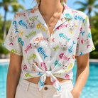 Woman wearing Women's Meow Marrow Custom Cat Face Hawaiian Shirt tied at the waist