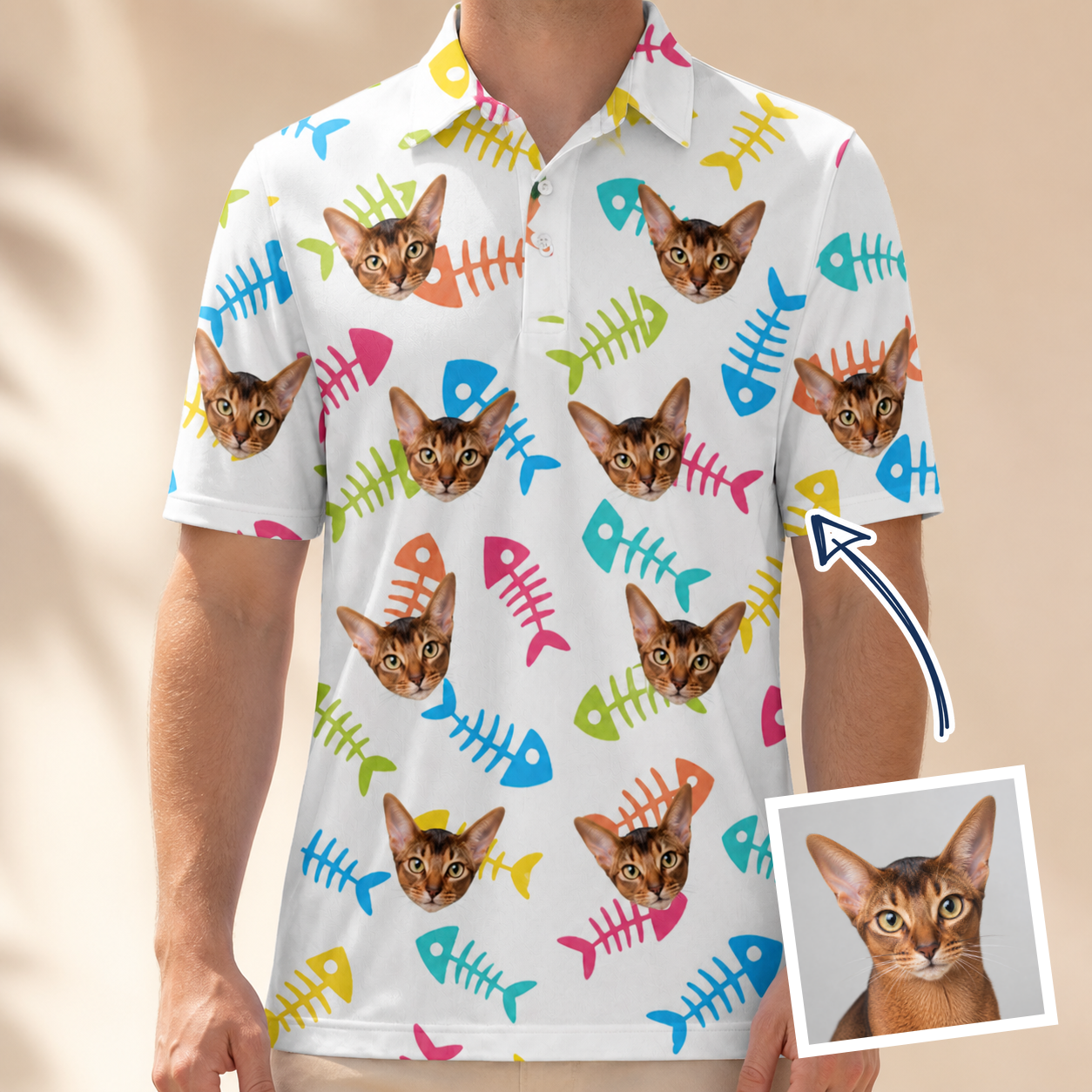 Man wearing Men's Meow Marrow Custom Cat Face Polo Shirt — custom faces printed all-over