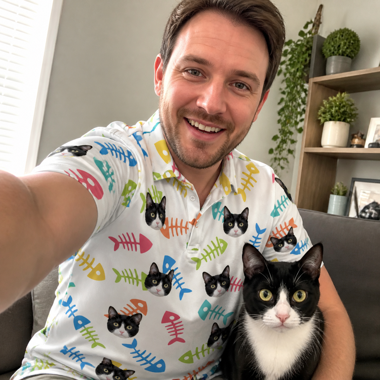Selfie with the pet whose face is printed all over this Men's Meow Marrow Custom Cat Face Polo Shirt