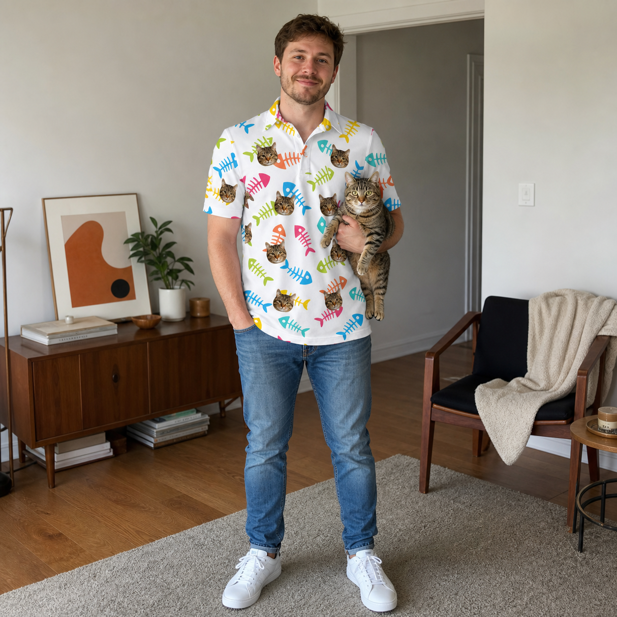 Full-length photo with the pet printed all over this Men's Meow Marrow Custom Cat Face Polo Shirt