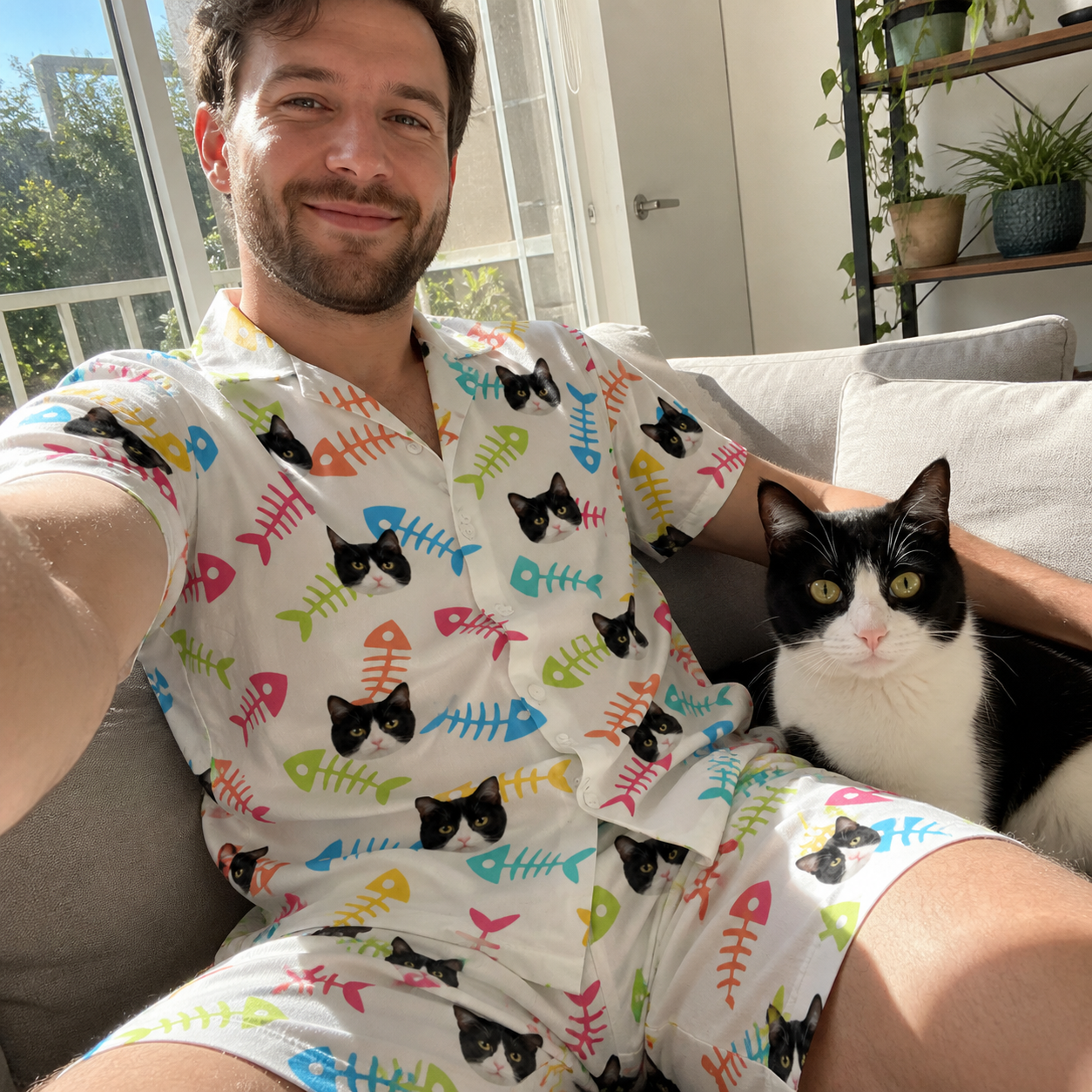 Selfie with the pet whose face is printed all over this Men's Meow Marrow Custom Cat Face Shirt & Shorts Set