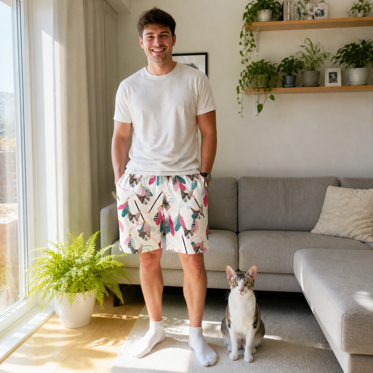 Full-length photo with the pet printed all over this Men's Teaser Tornado Custom Cat Face Beach Shorts