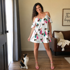 Full-length photo with the pet printed all over this Women's Teaser Tornado Custom Cat Face Off-Shoulder Dress