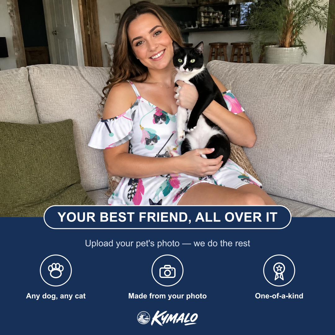 Friends in matching Women's Teaser Tornado Custom Cat Face Off-Shoulder Dress — a group gift photo