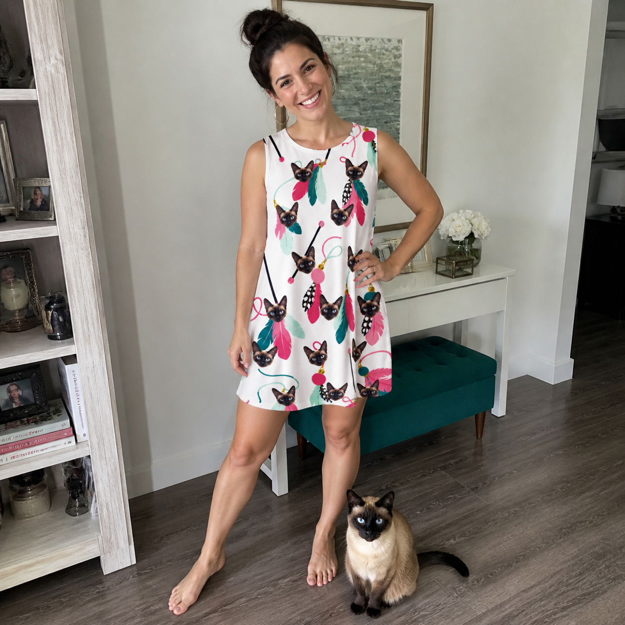 Full-length photo with the pet printed all over this Women's Teaser Tornado Custom Cat Face Tank Dress