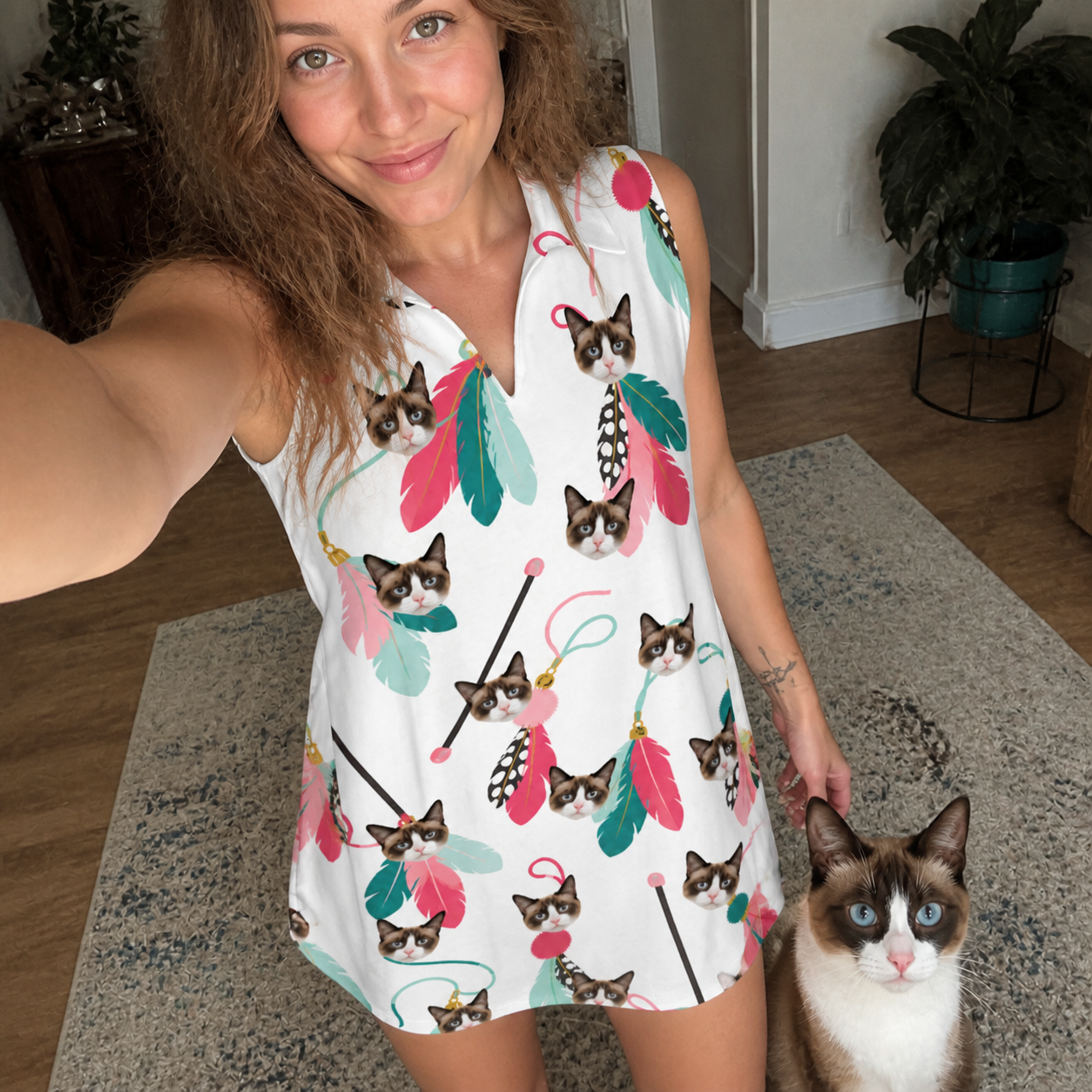 Selfie with the pet whose face is printed all over this Women's Teaser Tornado Custom Cat Face V-Neck Dress