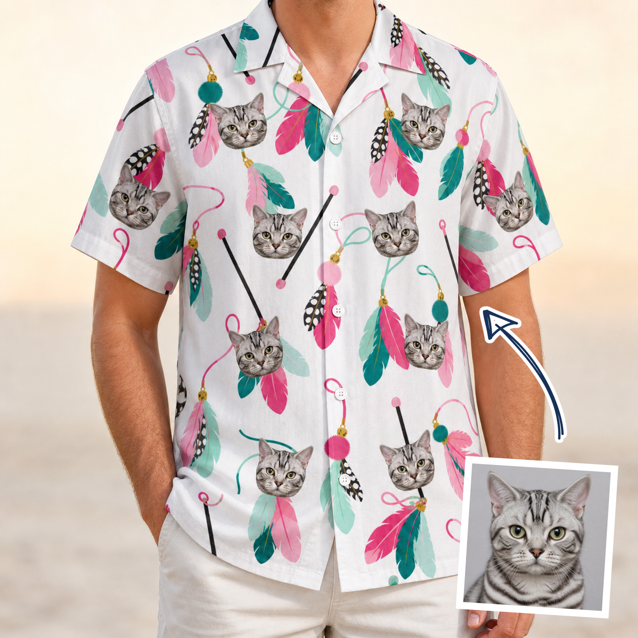 Man wearing Men's Teaser Tornado Custom Cat Face Hawaiian Shirt — custom faces printed all-over