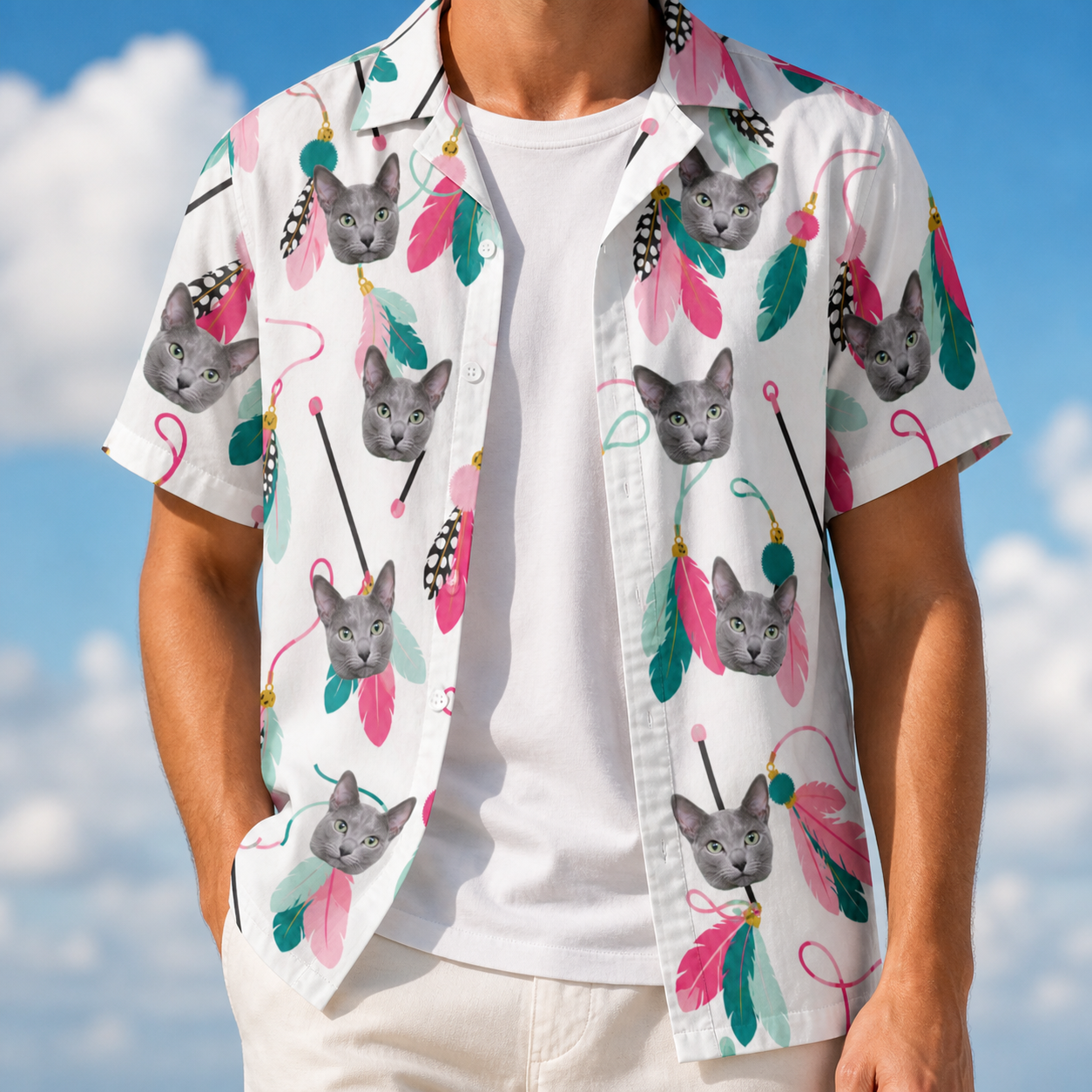 Man wearing Men's Teaser Tornado Custom Cat Face Hawaiian Shirt open over a white tee