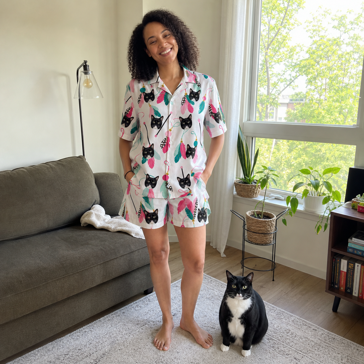 Full-length photo with the pet printed all over this Women's Teaser Tornado Custom Cat Face Hawaiian Shirt
