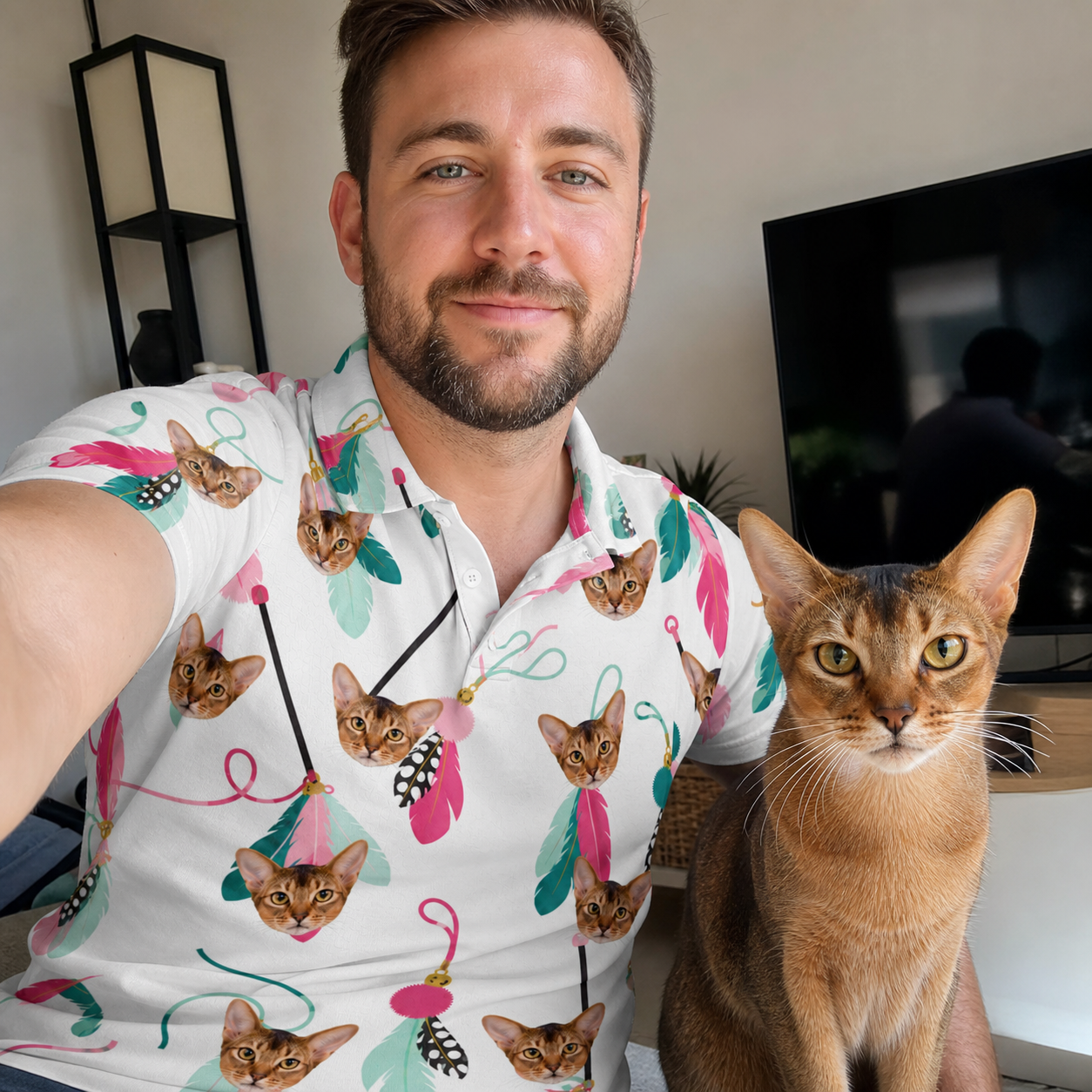 Selfie with the pet whose face is printed all over this Men's Teaser Tornado Custom Cat Face Polo Shirt