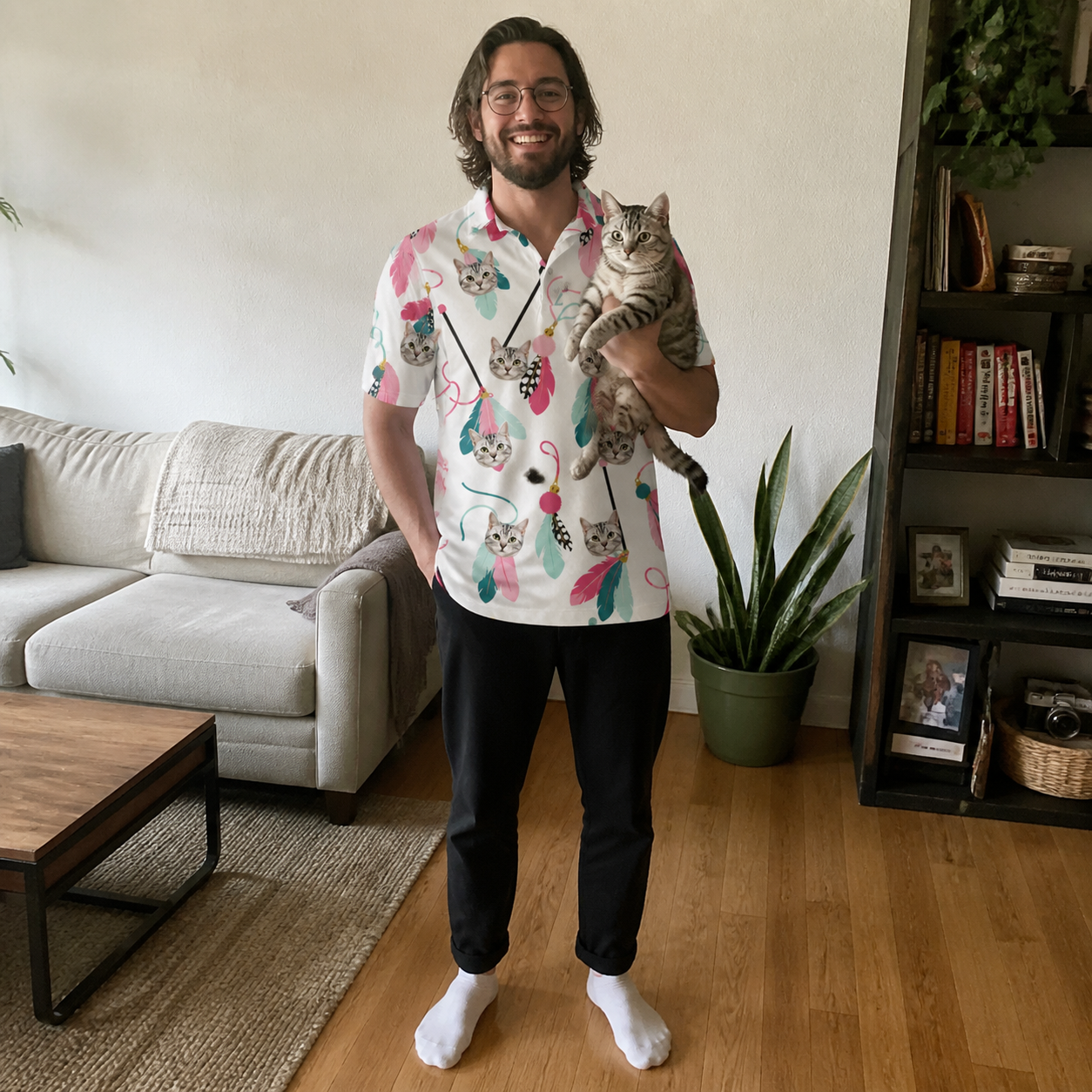 Full-length photo with the pet printed all over this Men's Teaser Tornado Custom Cat Face Polo Shirt