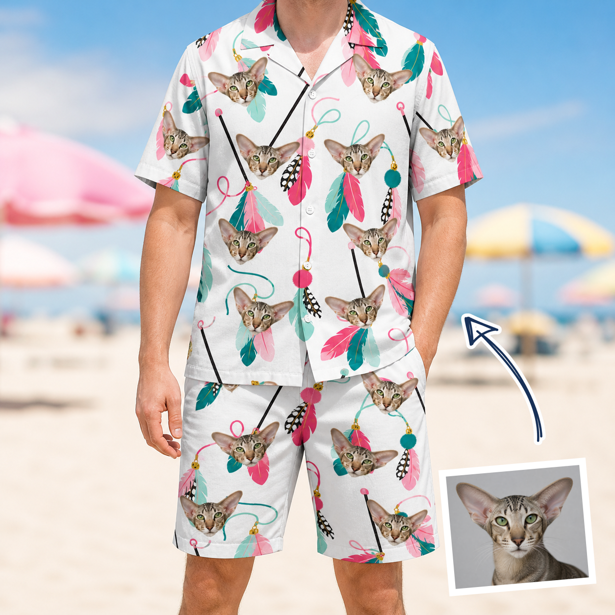 Man wearing Men's Teaser Tornado Custom Cat Face Shirt & Shorts Set — custom faces printed all-over