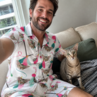 Selfie with the pet whose face is printed all over this Men's Teaser Tornado Custom Cat Face Shirt & Shorts Set