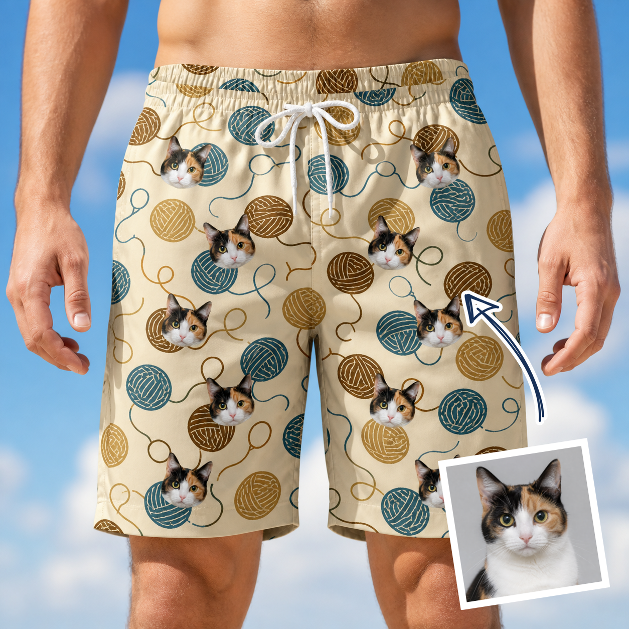 Man wearing Men's Bobbin Bengals Custom Cat Face Beach Shorts — custom faces printed all-over