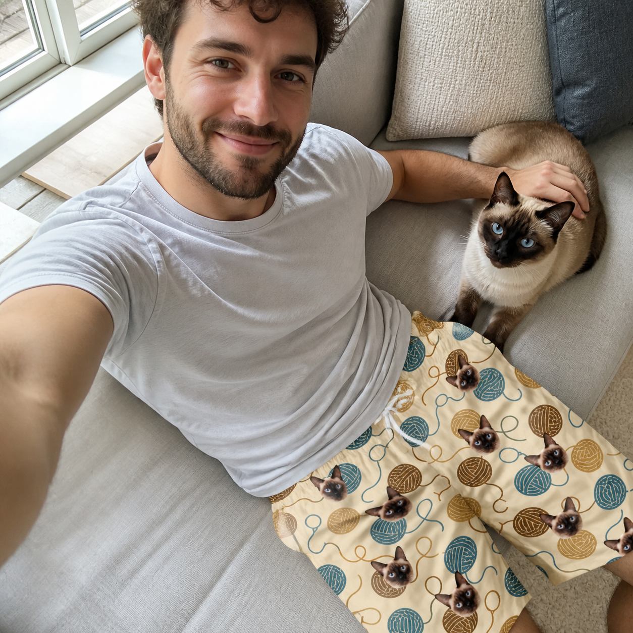 Selfie with the pet whose face is printed all over this Men's Bobbin Bengals Custom Cat Face Beach Shorts