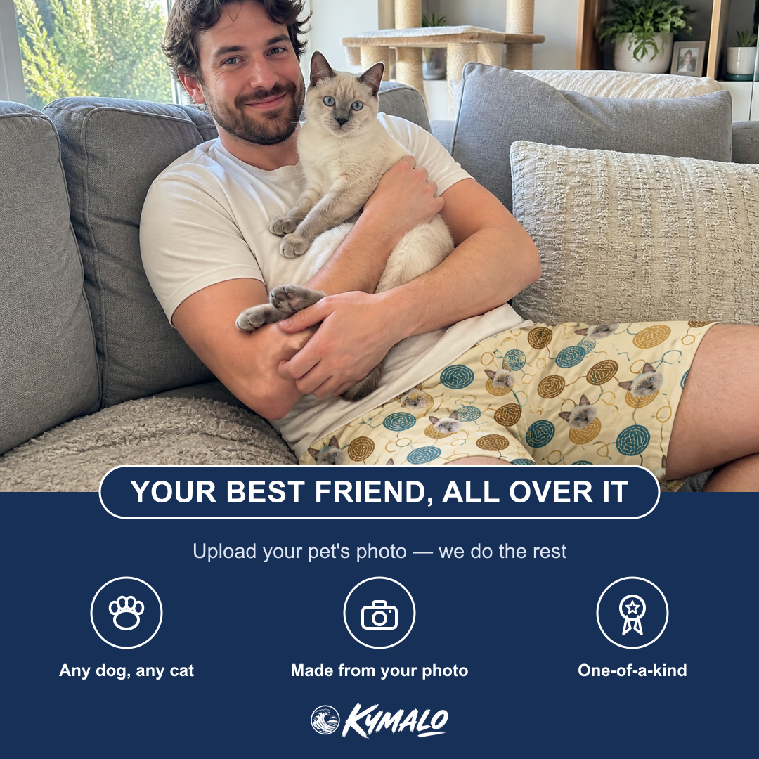 Friends in matching Men's Bobbin Bengals Custom Cat Face Beach Shorts — a group gift photo