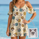 Woman wearing Women's Bobbin Bengals Custom Cat Face Off-Shoulder Dress — custom faces printed all-over