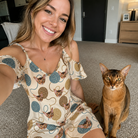 Selfie with the pet whose face is printed all over this Women's Bobbin Bengals Custom Cat Face Off-Shoulder Dress