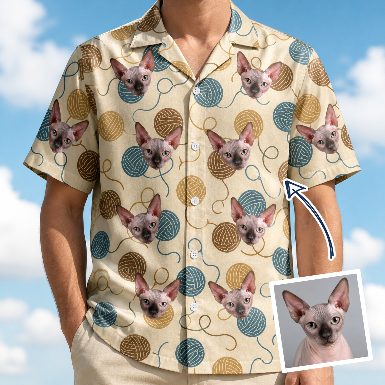 Man wearing Men's Bobbin Bengals Custom Cat Face Hawaiian Shirt — custom faces printed all-over