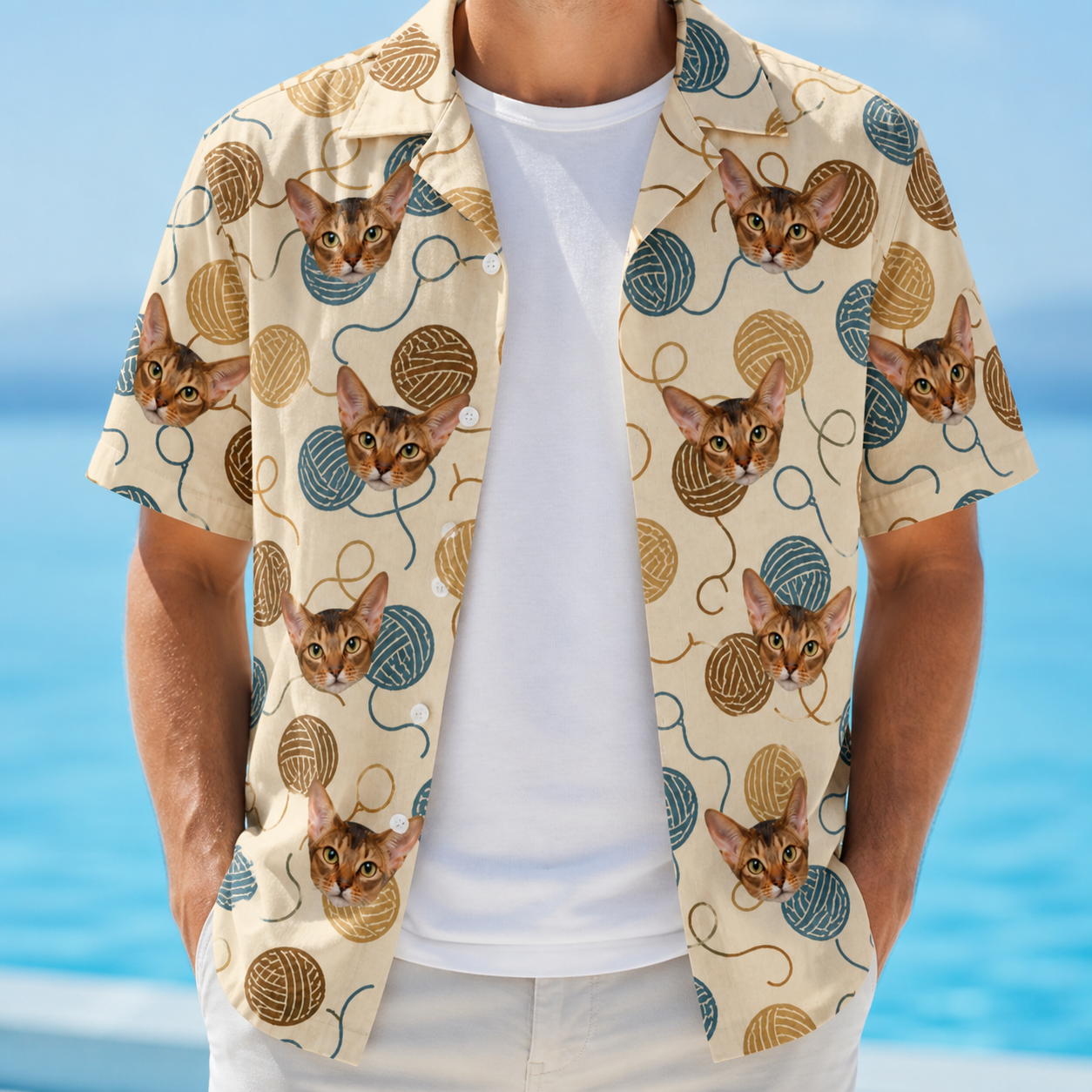 Man wearing Men's Bobbin Bengals Custom Cat Face Hawaiian Shirt open over a white tee