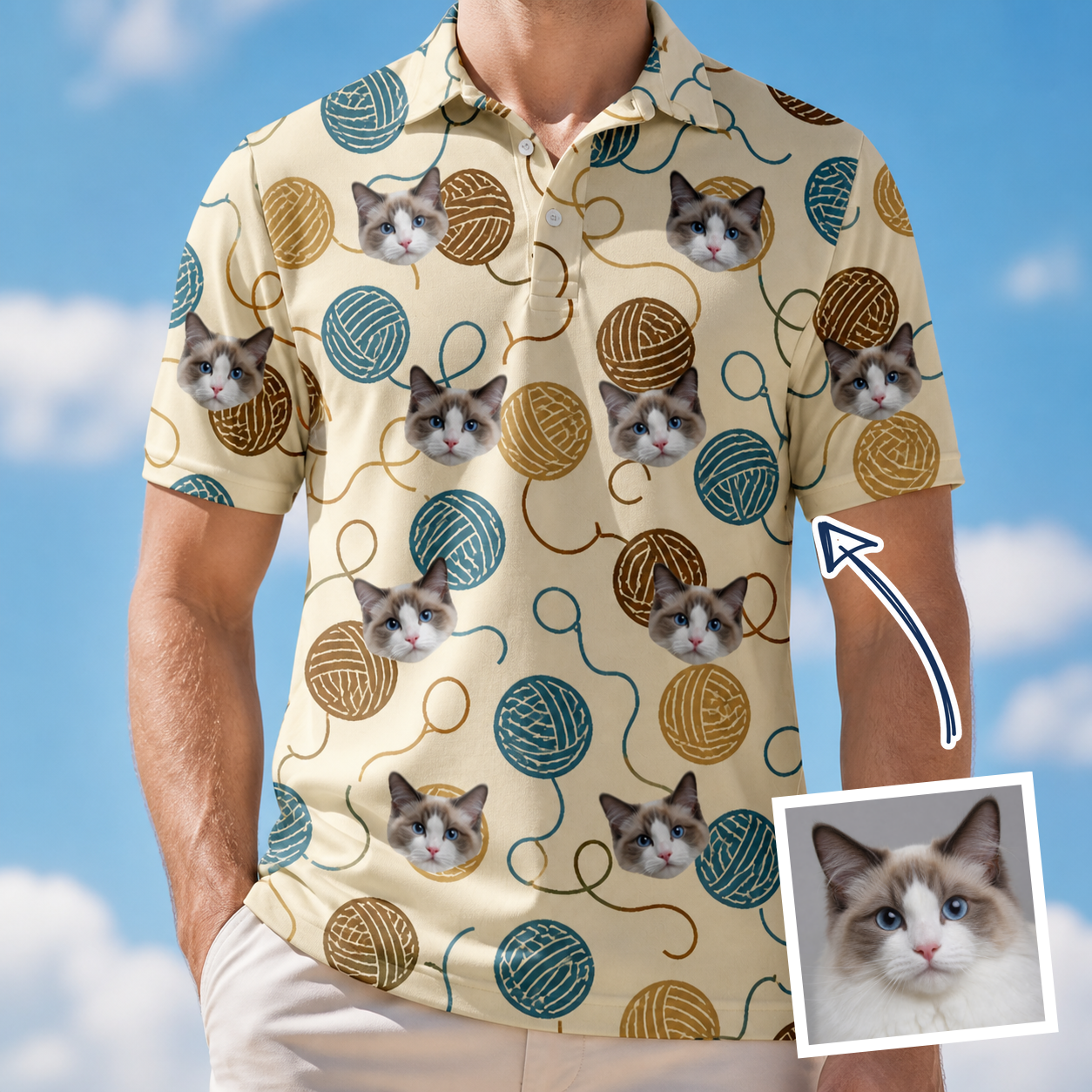 Man wearing Men's Bobbin Bengals Custom Cat Face Polo Shirt — custom faces printed all-over