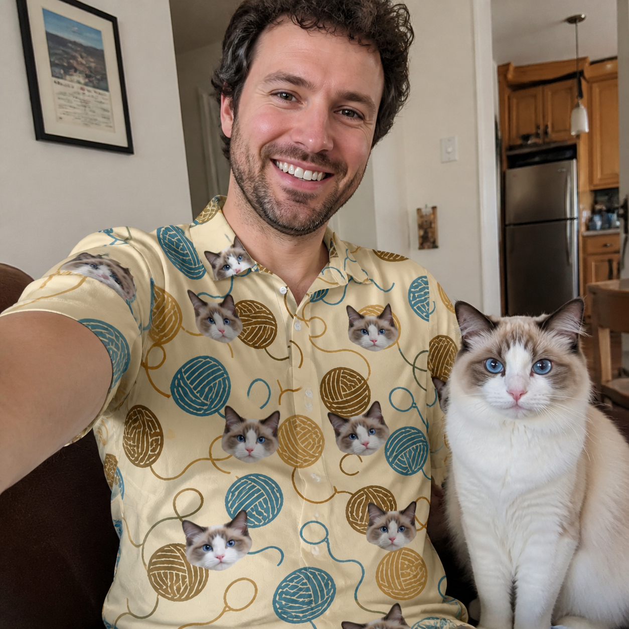 Selfie with the pet whose face is printed all over this Men's Bobbin Bengals Custom Cat Face Polo Shirt