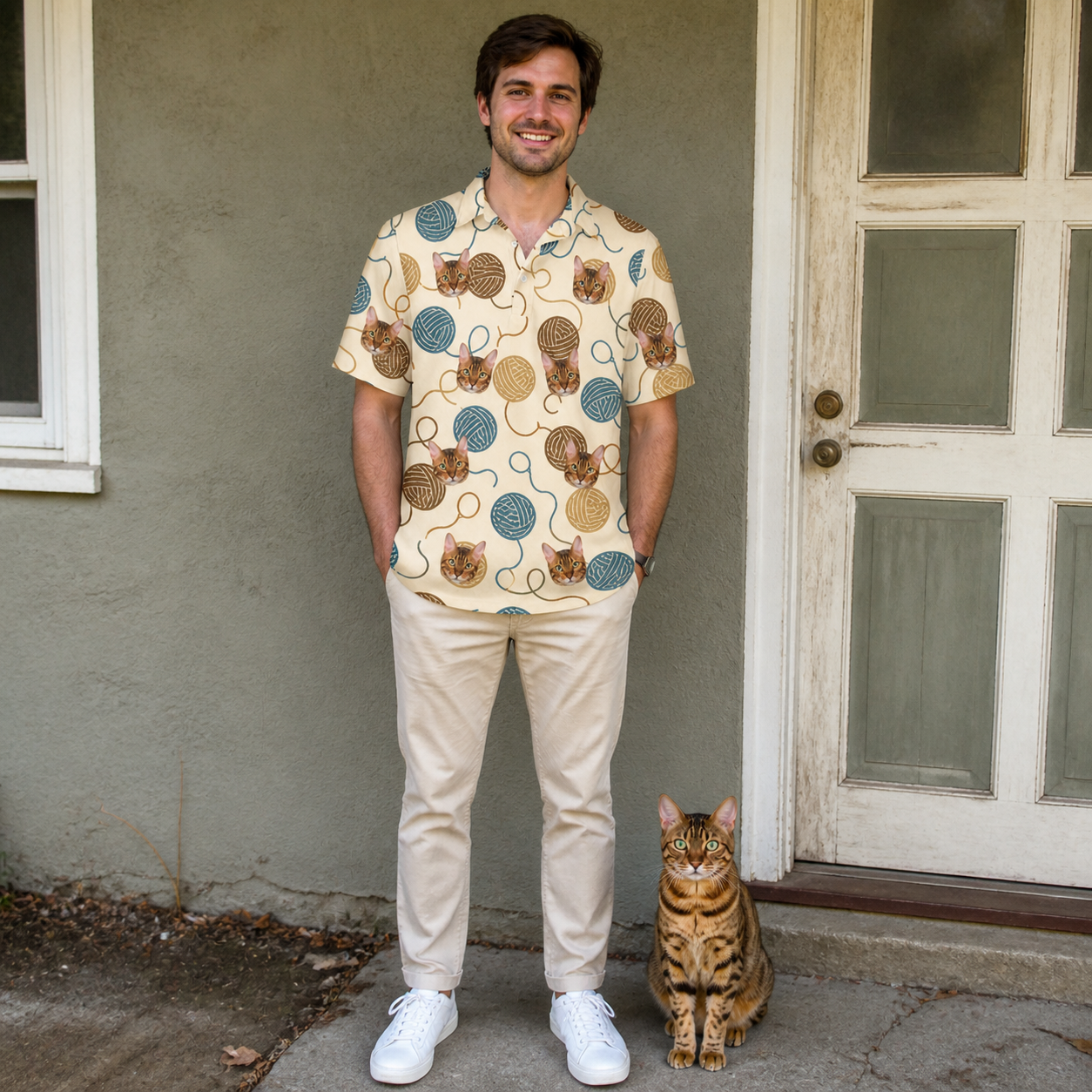 Full-length photo with the pet printed all over this Men's Bobbin Bengals Custom Cat Face Polo Shirt