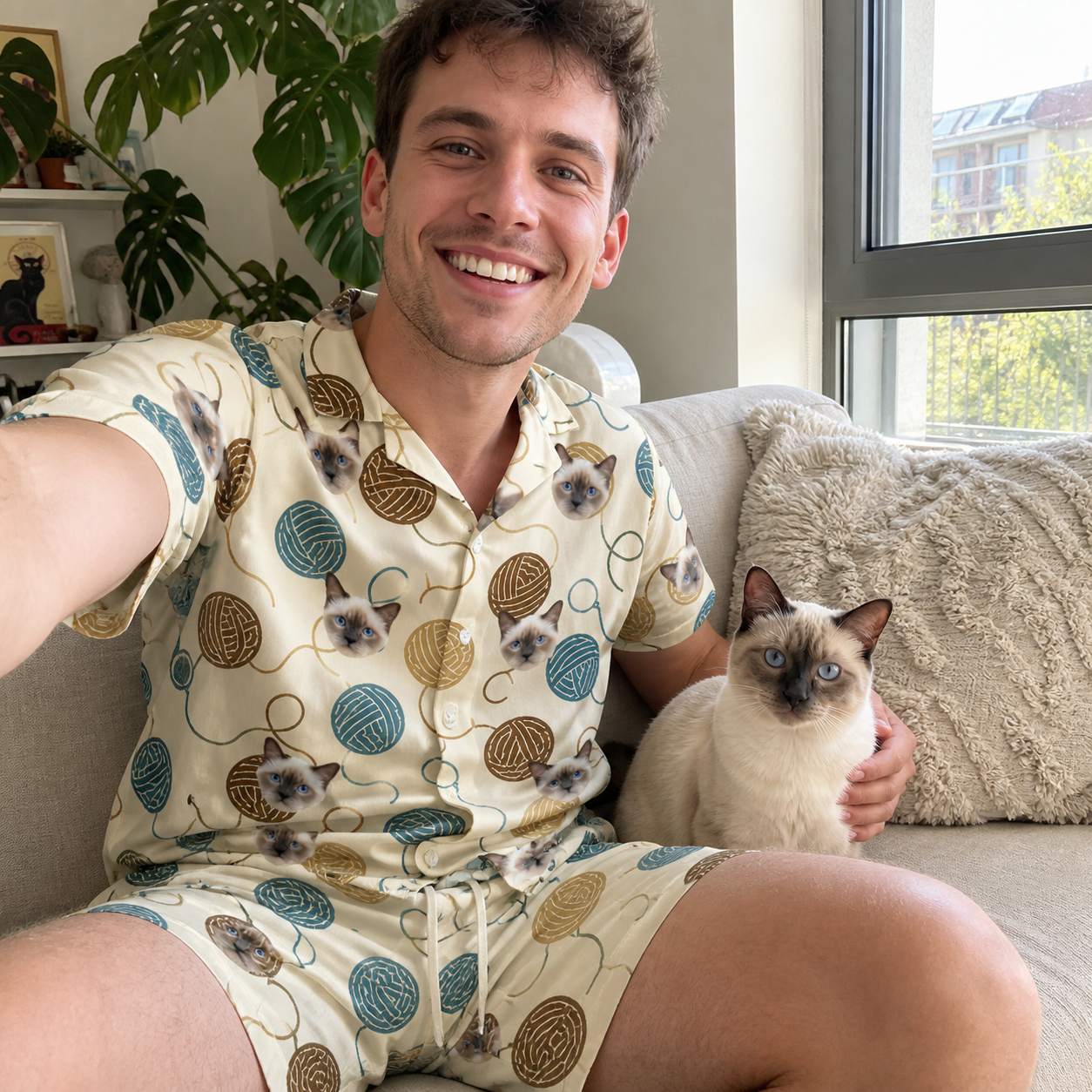 Selfie with the pet whose face is printed all over this Men's Bobbin Bengals Custom Cat Face Shirt & Shorts Set