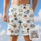 Man wearing Men's Dreamy Dens Custom Cat Face Beach Shorts — custom faces printed all-over